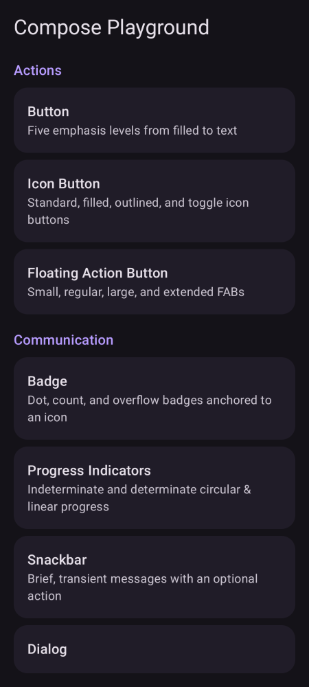 Compose Playground home screen in dark theme.