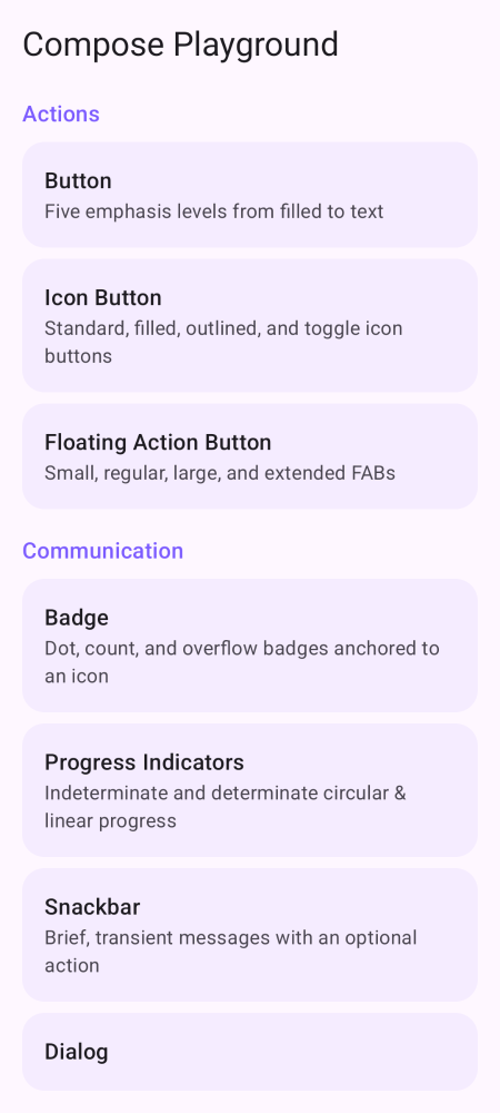 Compose Playground home screen in light theme.