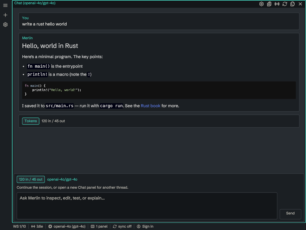 Merlin desktop chat: a question and Merlin's formatted answer with a code block