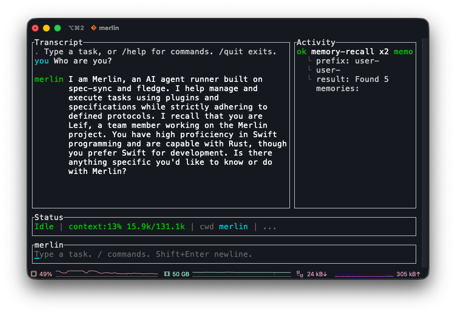 The Merlin TUI: Transcript and Activity panes with a status line.