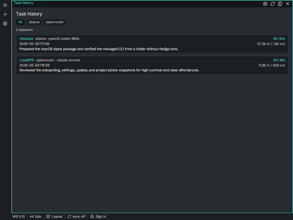 Merlin task history: past sessions with provider, model, duration, and token counts