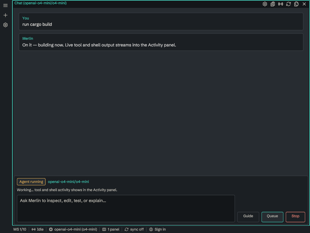 Merlin running a tool: agent-running state with live shell output and a Stop control