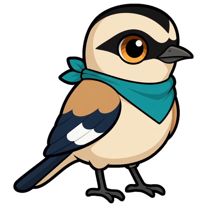 Podo mascot, a small bird in a teal neck bandana