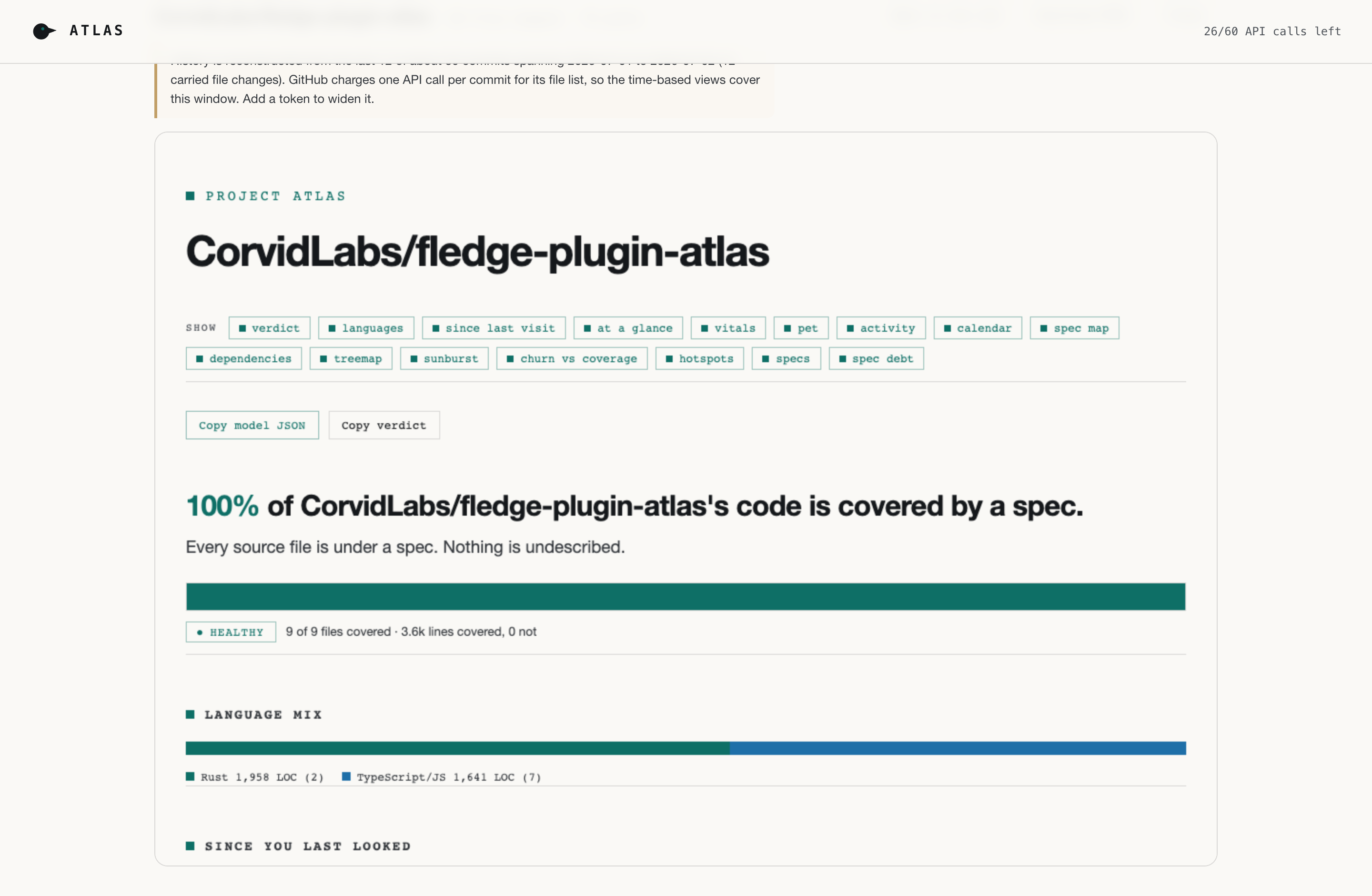The atlas web app rendering a repository: a coverage verdict reading 100% covered, a healthy bar, and a language mix of Rust and TypeScript/JS.