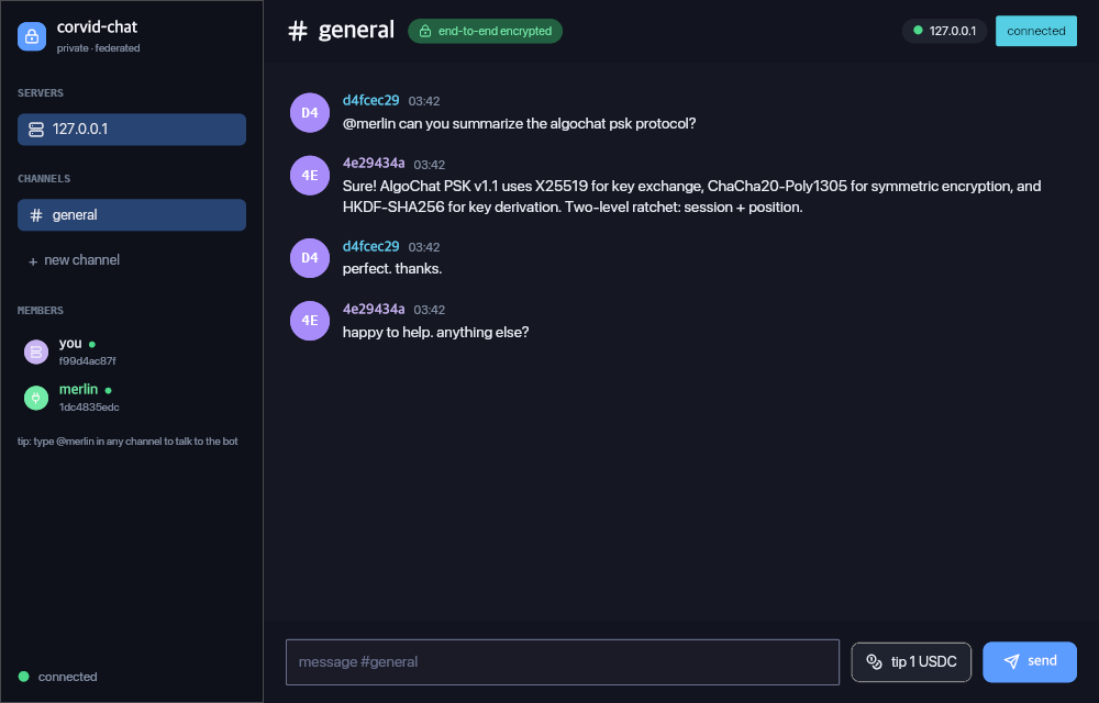 A corvid-chat conversation between a user and the Merlin bot. Multiple channels in the sidebar, members panel showing both participants, the AI reply rendered with its own avatar.