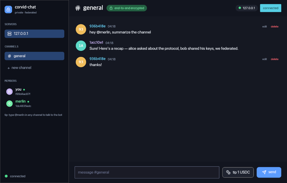 Edit and delete actions on your own messages, with the conversation flow intact.