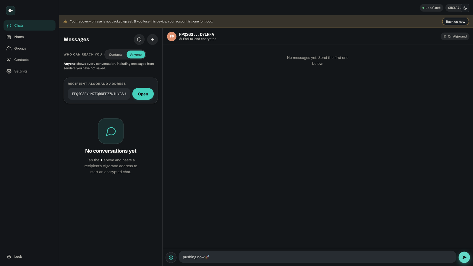 The desktop chat: a thread header marked 'End-to-end encrypted' and 'On Algorand', with a 'Who can reach you' filter set to contacts or anyone.
